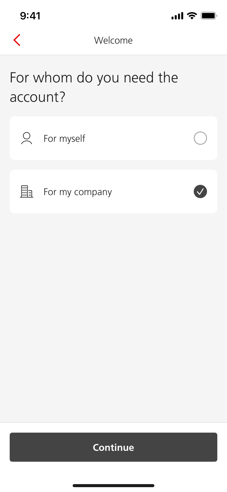 Account type selection
