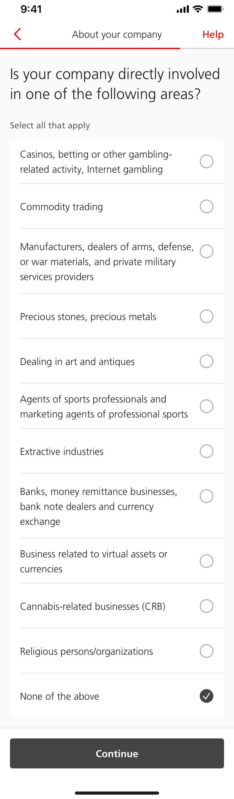 Final screen showing company compliance questionnaire