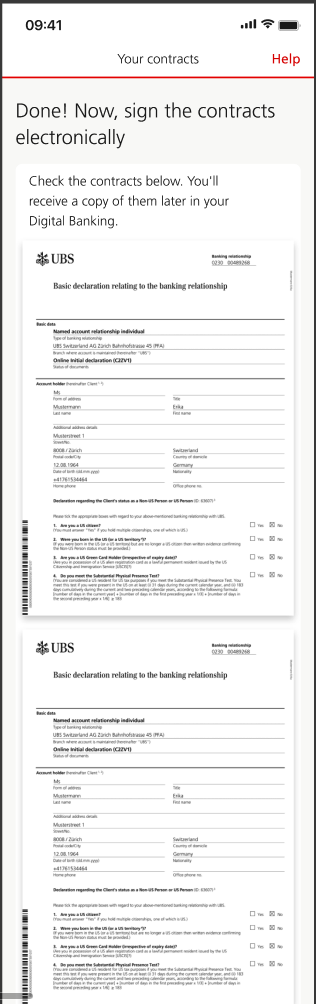 Final screen showing electronic contract signing with banking declarations