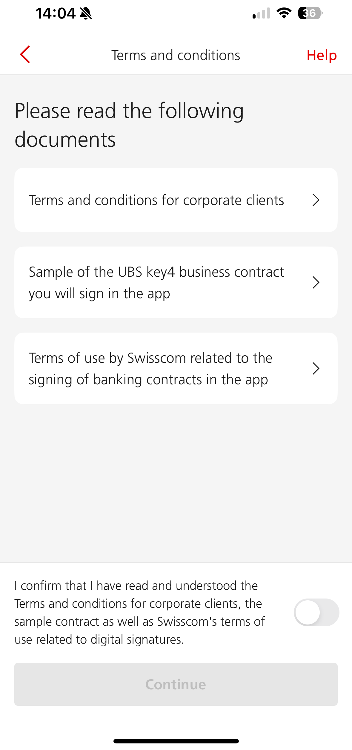 Final screen showing terms and conditions with document review and confirmation toggle