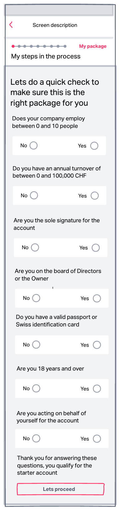 Wireframe of eligibility check screen with yes/no questions